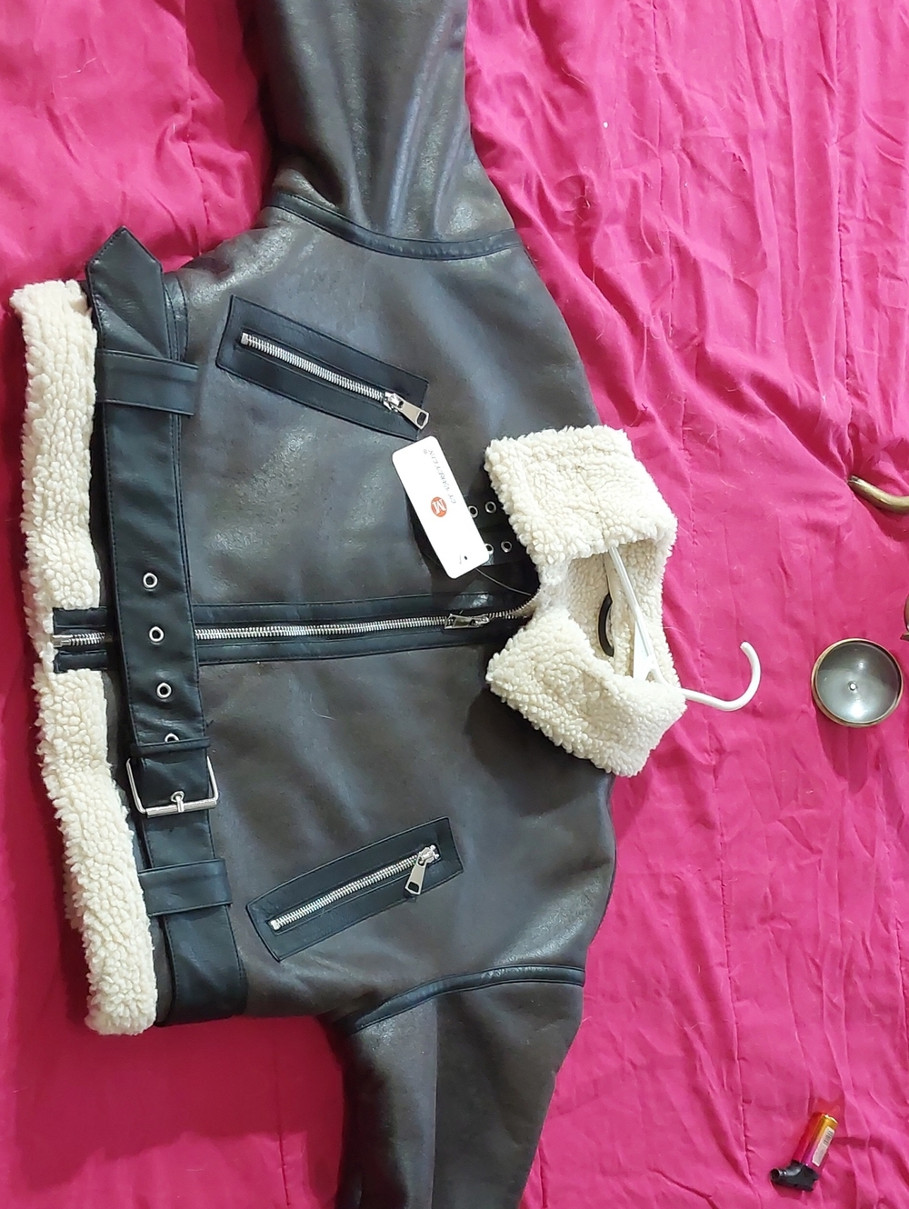 Faux Leather Aviator / Biker Jacket with Sherpa Collar - Brown And Cream